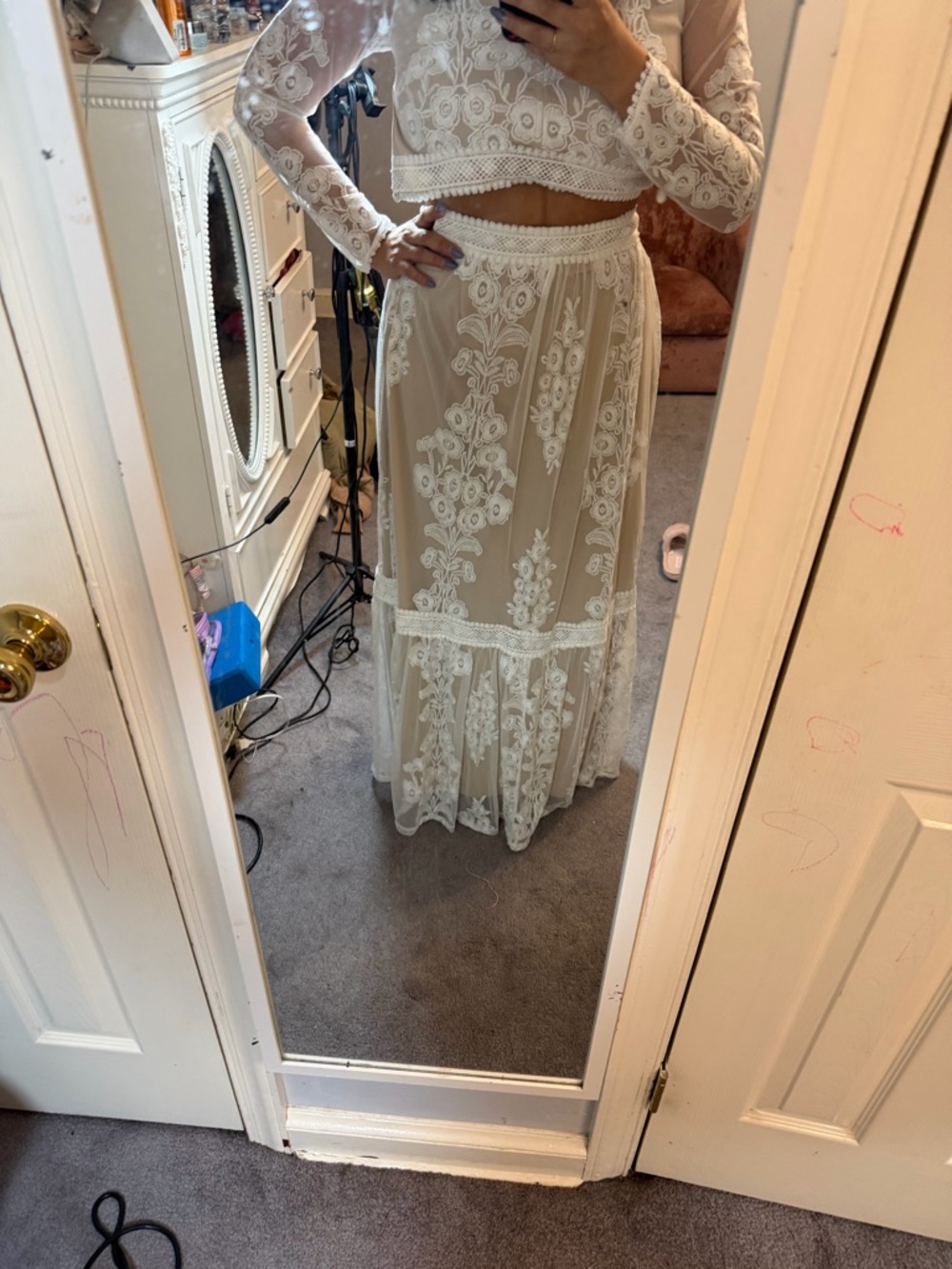 Altar'd State Ivory Lace Embroidered Maxi Skirt and top set arissa floral